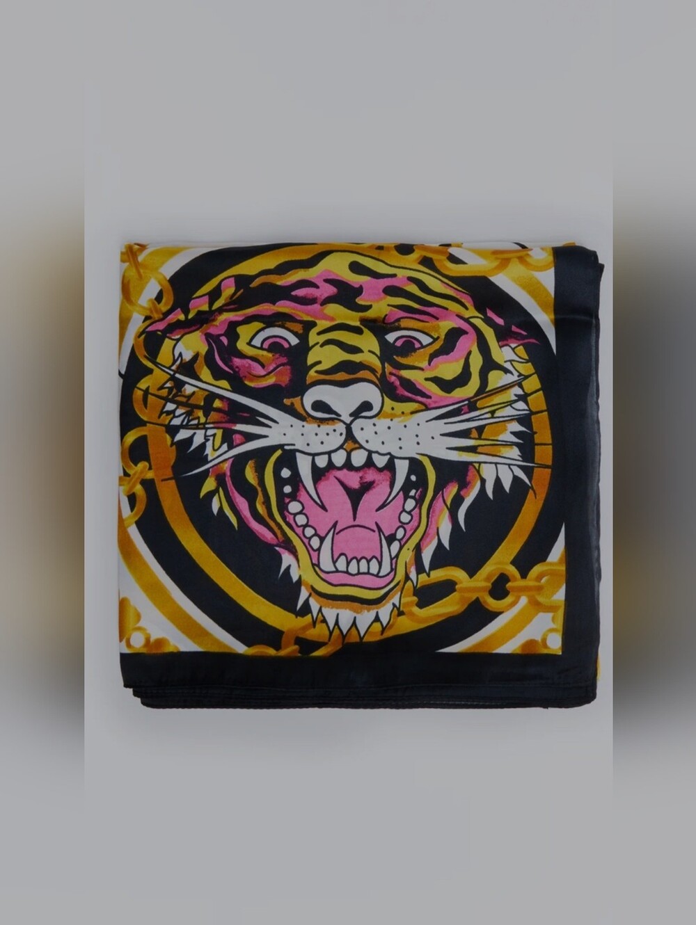 Ed Hardy White, Gold, Black, Chain & Tiger Print Silk Scarf - Picture 3 of 7